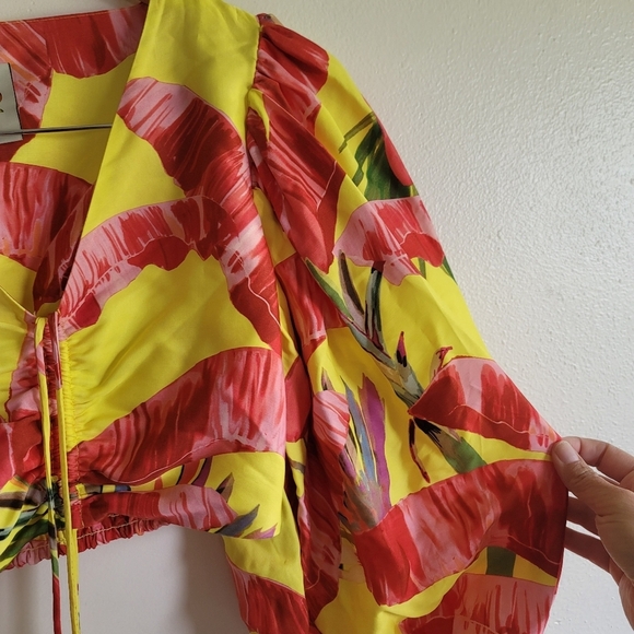 Farm Rio, Sweet Jungle Lime Crop Top, Lime Yellow/Red/Pink, Size XS - Picture 9 of 16